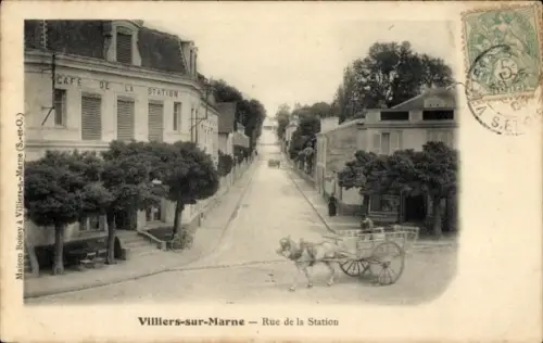 Ak Villiers sur Marne Val de Marne, Rue de la Station, Café, Pferdefuhrwerk