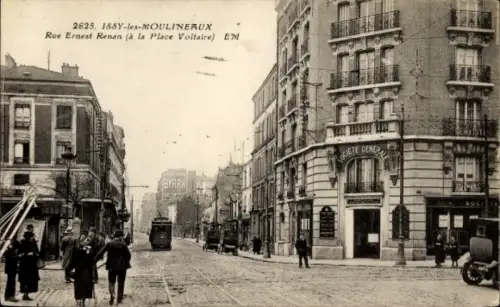 Ak Issy les Moulineaux Hauts de Seine, Rue Ernest Renan, à la Place Voltaire, Tram