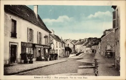 Ak Linas Essonne, Rue principale, Blick auf den alten Pont, Geschäfte, Billard Result, Le Quoti