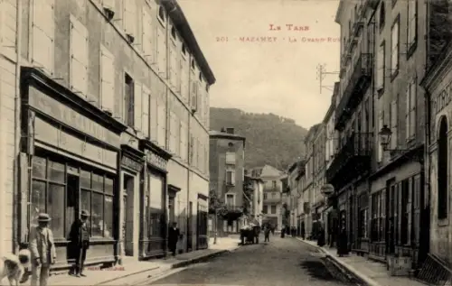 Ak Mazamet Tarn, Straße mit Häusern, Geschäften, Menschen, Pferd, Text: LE TARN, 201 MAZAMET, LA 
