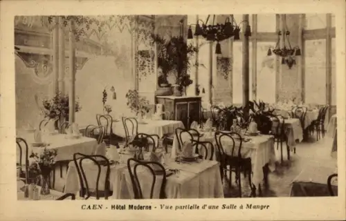 Ak Caen Calvados, Hôtel Moderne, Salle à Manger, Tische mit weißen Tischdecken, Pflanzen, Stühle