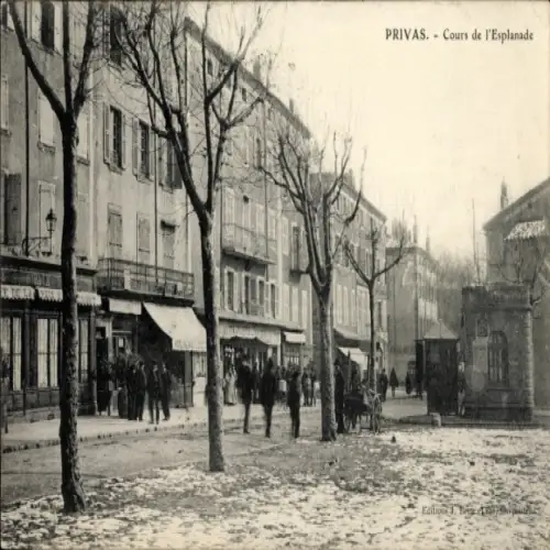 Ak Privas Ardèche, Cours de l'Esplanade, Geschäfte, Handkarrren