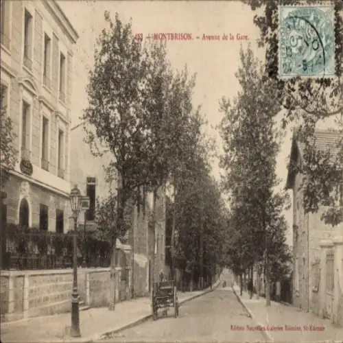 Ak Montbrison Loire, Avenue de la Gare,  Straßenansicht, Bäume, Pferdewagen