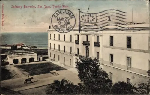 Ak San Juan Puerto Rico, Infanteriekasernen,  Meerblick, Poststempel
