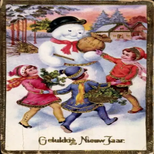 Präge Ak Neujahr, Kinder, Schneemann, Geldsack, Klee