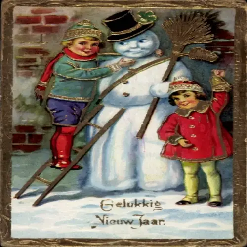 Präge Ak Neujahr, Kinder, Schneemann
