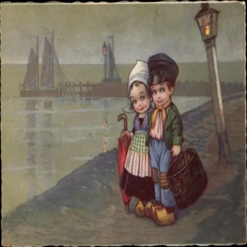 Künstler Ak Colombo, E., Kinder in niederländischen Trachten, Hafen