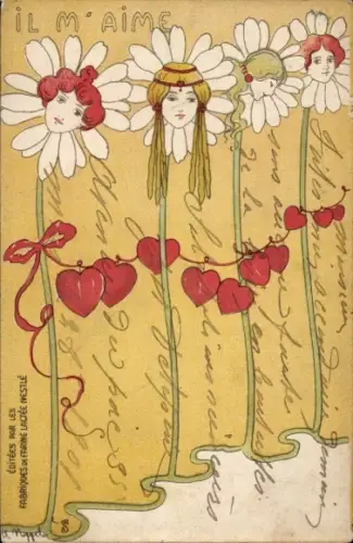 Jugendstil Ak Frauen als Blüten, Blumen, Herzen