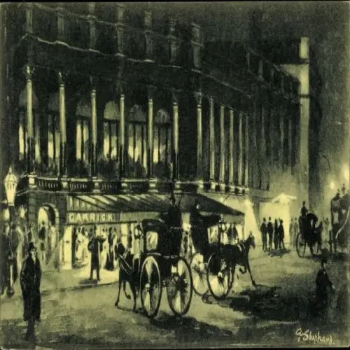 Künstler Ak Shephard, London ?, Straßenpartie bei Nacht, Kutschen