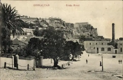 Ak Gibraltar,  Rosia Road, Palmen, Häuser, Straße, Berge