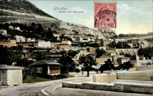 Ak Gibraltar,  Rosia und Barracks, alte Gebäude und Hang