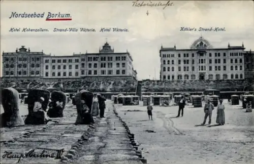 Ak Nordseebad Borkum in Ostfriesland, Nordseebad  Hotel Kohenzollern, Strand-Villa Viktoria, Köhl