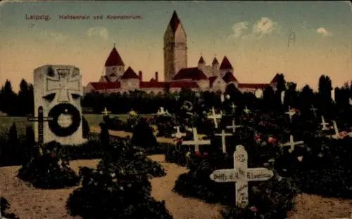Ak Leipzig, Krematorium, Heldenhain, Gräber, große Gebäude, Gartenlandschaft