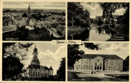 Ak Jever in Friesland, Terrasse mit Gymnasium, Gesamtansicht, Schloss, Landratsamt