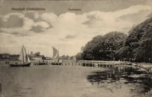 Ak Neustadt in Holstein, Yachthafen, segelnde Boote, ruhige Wasserlandschaft, Bäume im Hintergrun