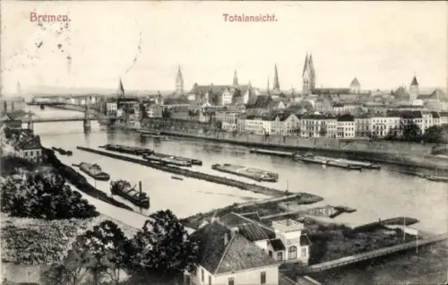 Ak Hansestadt Bremen, Stadtansicht von  Fluss mit Schiffen,  Architektur