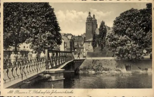 Ak Plauen im Vogtland, Blick auf die Johanniskirche, Brückenpartie