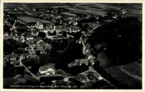 Ak Wiesent in der Oberpfalz, Luftaufnahme von Wiesent, ländliche Landschaft, schwarz-weiß Bild