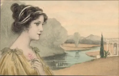 Litho Junge Frau mit Rose, antike Landschaft