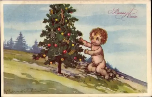 Künstler Ak Castelli, Glückwunsch Neujahr, Kind, Tannenbaum