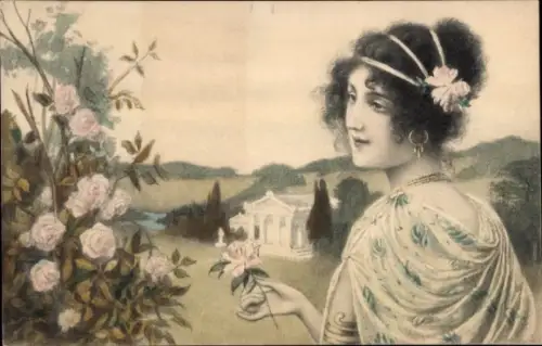 Litho Junge Frau mit Rosen, Kopfschmuck