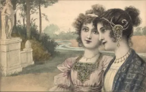Jugendstil Litho Zwei Frauen mit Kopfschmuck