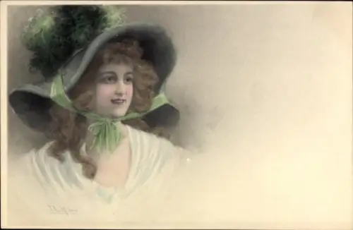 Künstler Ak Wichera, Portrait einer blonden Frau mit Hut