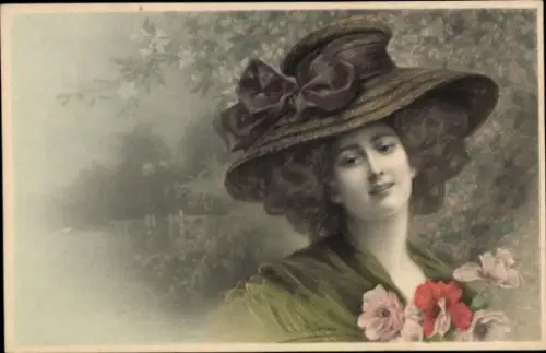 Künstler Litho von Wichera, Raimund, Dame mit Hut, Portrait, Mohnblumen, Munk Nr. 411