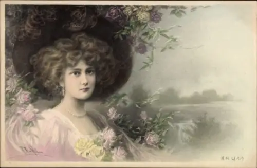 Künstler Litho von Wichera, Raimund, Dame mit Hut, Portrait, Rosen, Munk Nr. 411