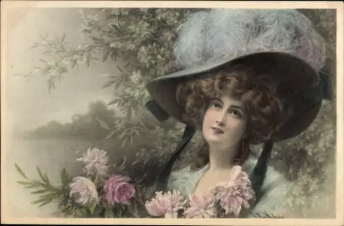 Künstler Litho von Wichera, Raimund, Dame mit Federhut, Portrait, Blumen, Munk Nr. 411