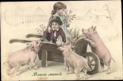 Litho Fröhliches Neujahr, Kinder in einer Schubkarre, Schweine, Mistelzweige, Stechpalme, Schneemann