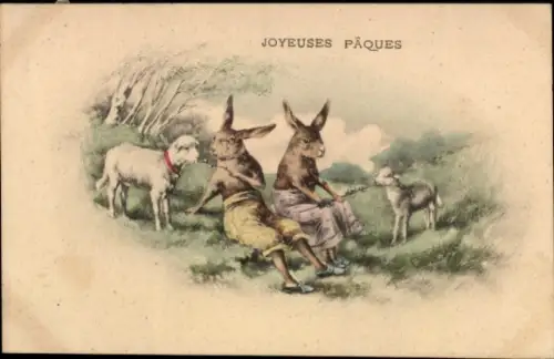 Litho Frohe Ostern, Osterhasen, Lämmer, Weidenkätzchen