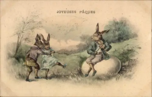 Litho Frohe Ostern, Osterhase mit Geige, Hasenpaar beim Tanz