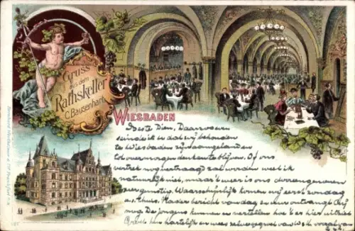 Litho Wiesbaden in Hessen, Ratskeller, Saal, Rathaus