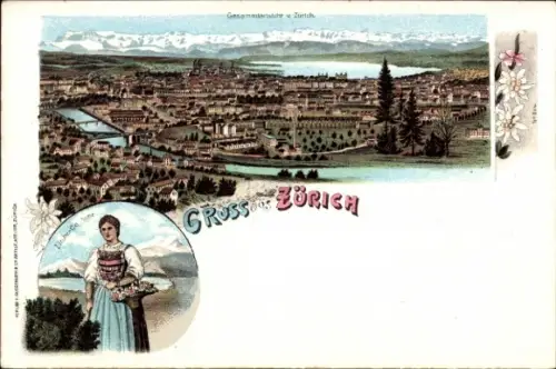 Litho Zürich Stadt Schweiz, Gesamtansicht, Frau in Tracht