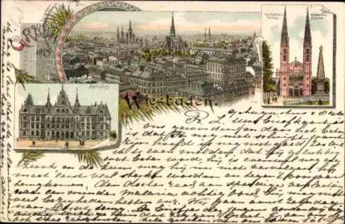 Litho Wiesbaden in Hessen, Rathaus, Gesamtansicht, Kirche