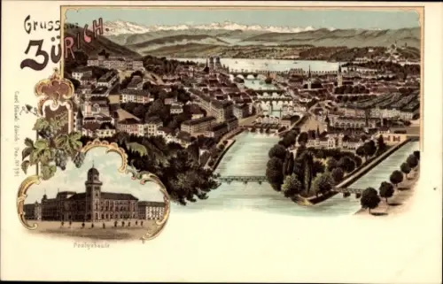 Litho Zürich Stadt Schweiz, Totalansicht, Postgebäude