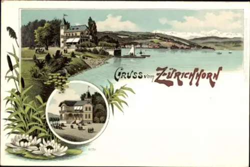 Litho Seefeld Zürich Stadt Schweiz, Zürichhorn, Gasthäuser am Seeufer