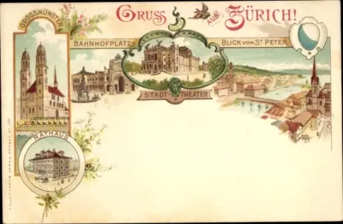 Litho Zürich Stadt Schweiz, Rathaus, Großmünster, Blick vom St. Peter