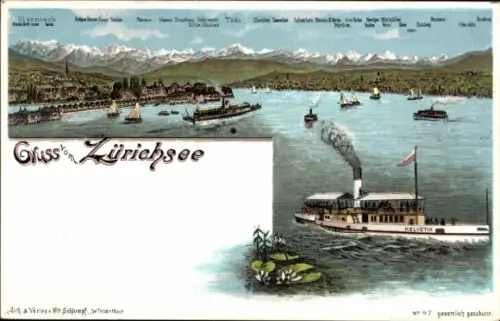 Litho Zürich Stadt Schweiz, Gesamtansicht, Dampfer Helvetia