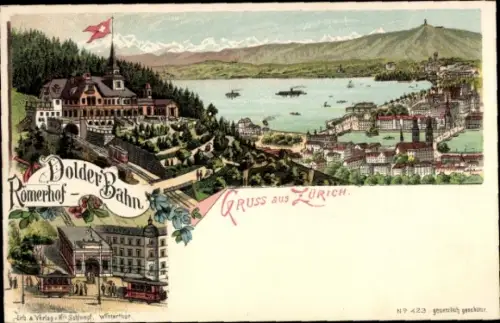 Litho Zürich Stadt Schweiz, Römerhof, Dolderbahn, Zahnradbahn, Landschaftspanorama