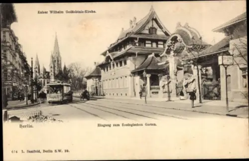 Ak Berlin Tiergarten, Zoologischer Garten, Eingang, Elefantentor, Straßenbahn, Gedächtniskirche