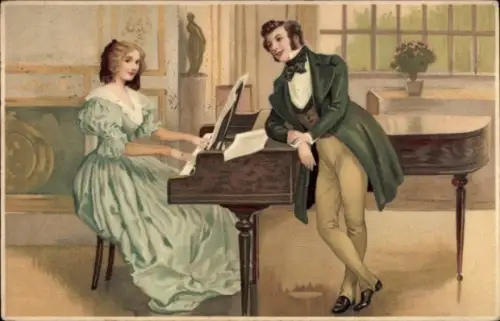 Ak Liebespaar, Frau am Klavier, Musikinstrument