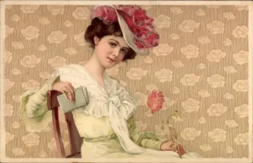 Litho Elegante Dame mit Hut auf einem Stuhl