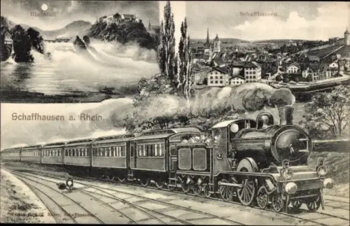 Ak Schaffhausen am Rhein Schweiz, Gesamtansicht, Rheinfall, Eisenbahn, Dampflokomotive