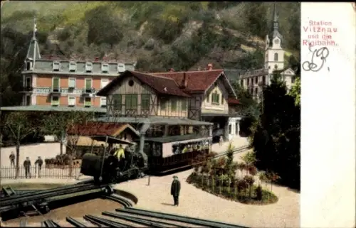 Ak Vitznau Kt. Luzern Schweiz, Station, Rigibahn, Drehgleis
