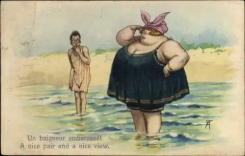 Künstler Ak Übergewichtige Frau im Wasser, Badeanzug, Bademode