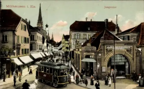 Ak Mulhouse Mülhausen Elsass Haut Rhin, Jungentor, Straßenbahn