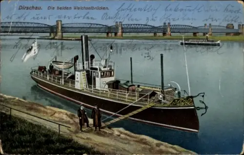 Ak Tczew Dirschau Pommern, Die beiden Weichselbrücken, Dampfer