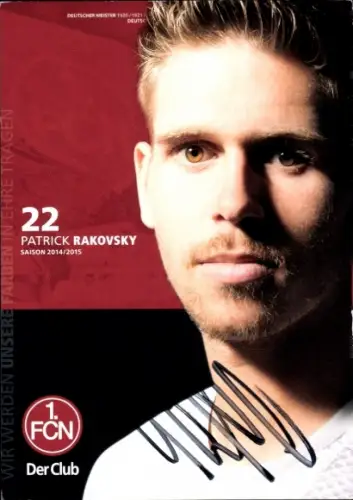 Autogrammkarte Fußballer Patrick Rakovsky, 1. FC Nürnberg, Autogramm
